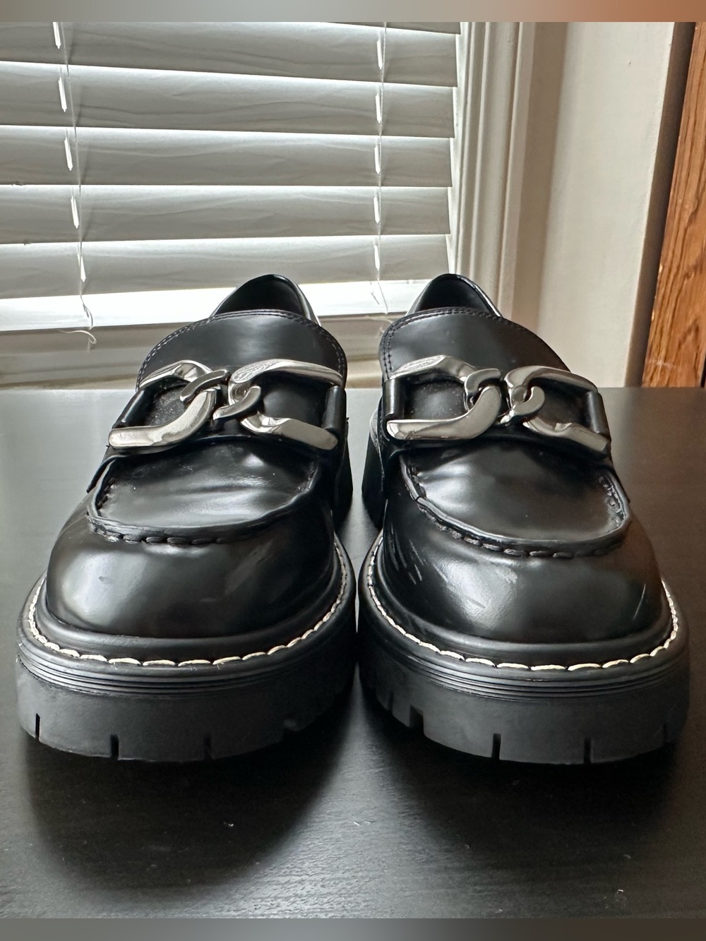 Marc Fisher Black Chunky Loafer with Silver Chain size 7.5